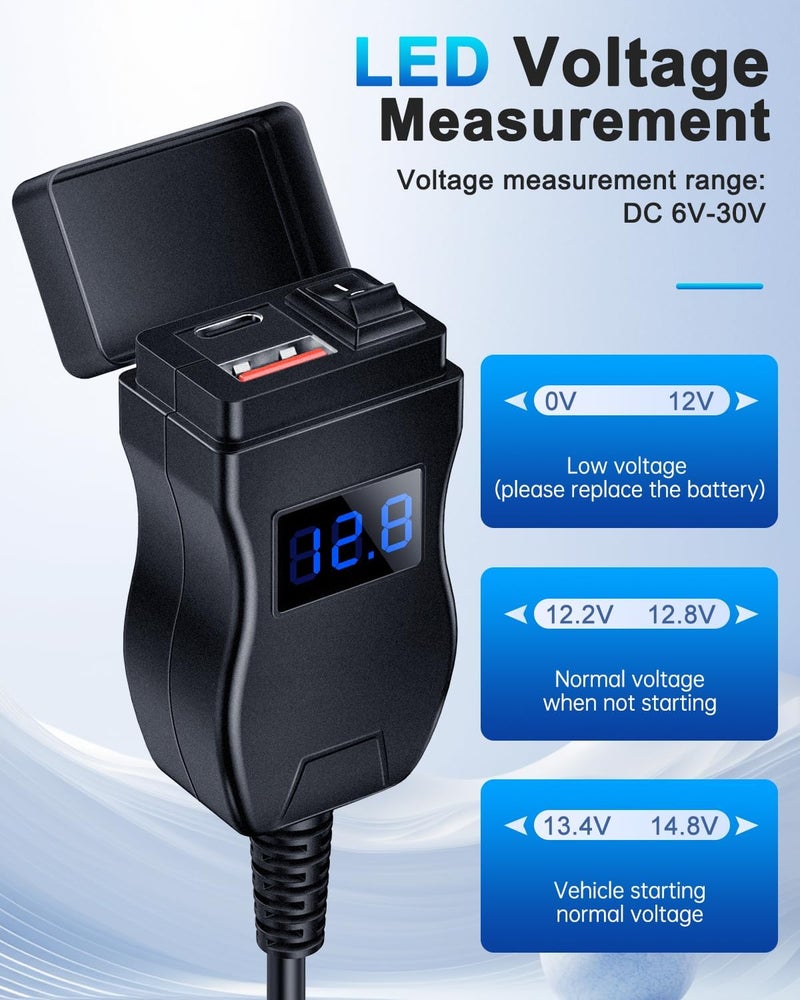 EXTRACTME شاحن USB للدراجات النارية، شاحن هاتف دراجة نارية مزدوج USB نوع C PD وشحن سريع 3.0 مع فولت متر وزر تشغيل/إيقاف، ملحقات دراجات نارية مقاومة للماء لجميع الهواتف، الأجهزة اللوحية، GPS - Image 4